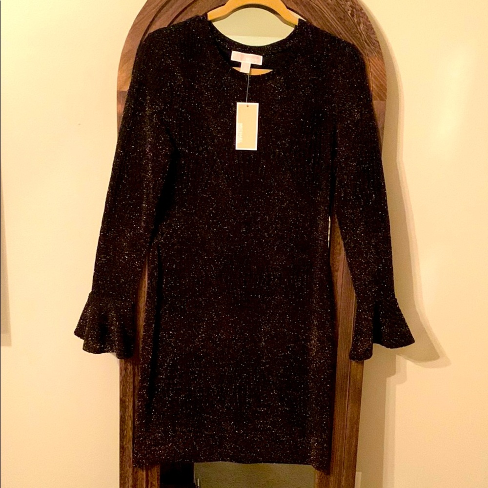 MICHAEL KORS Black & Gold Diamond Bomb Dress Large